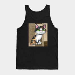 Fun Calico Kitty Cat on tan, brownish background shapes Tank Top